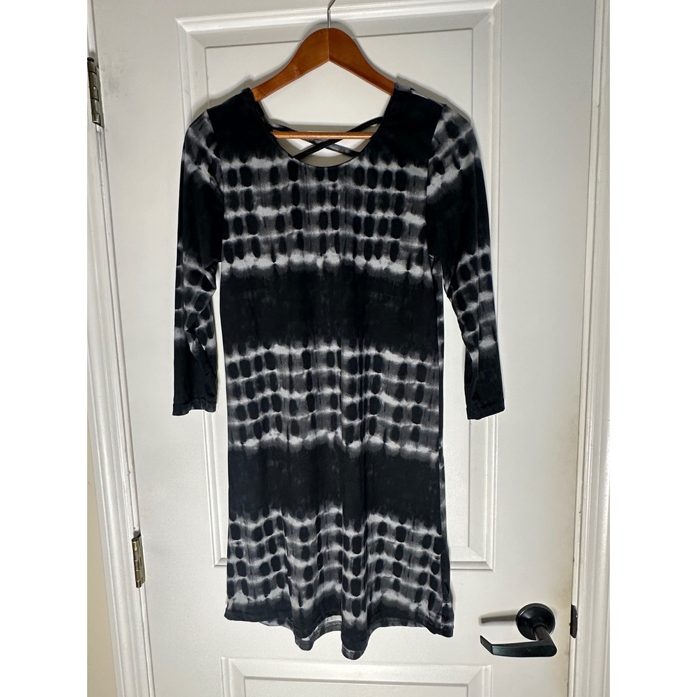 5th & LOVE Black White Tie Dye Strappy Back Long Sleeve Tunic Dress Size M